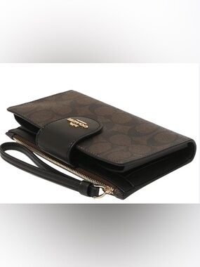 Coach Brown and Black Signature Wristlet Wallet with Gold Logo